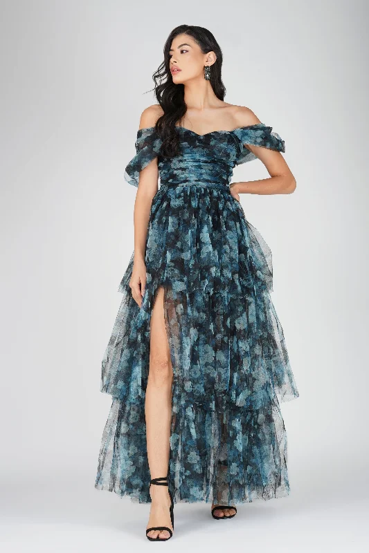 Sydney Tulle Maxi Dress in Blue Floral