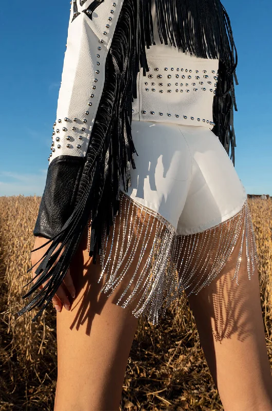 SHAKE A TAIL FEATHER RHINESTONE FRINGE SHORTS