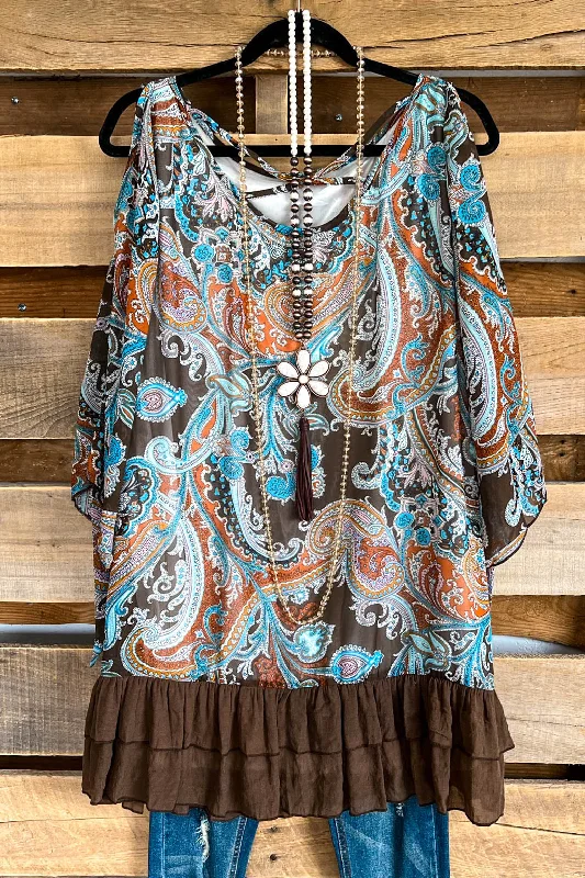 Twirl With Grace Cold Shoulder Top - Multi Brown