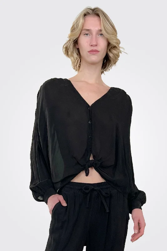 V Neck Tie Front Top - Black