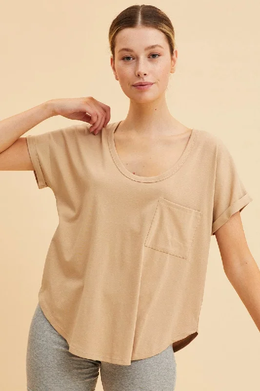 Beige Pocket Tee Scoop Neck Cotton Stretch Short Sleeve