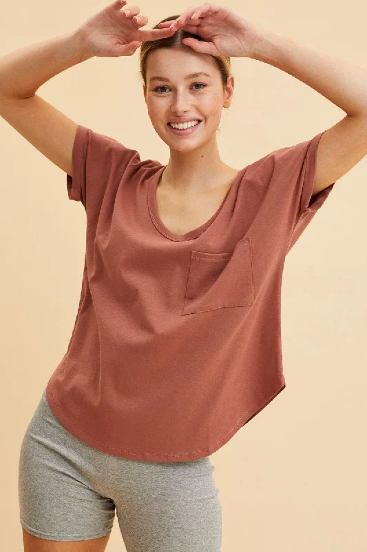 Brown Pocket Tee Scoop Neck Cotton Stretch Short Sleeve