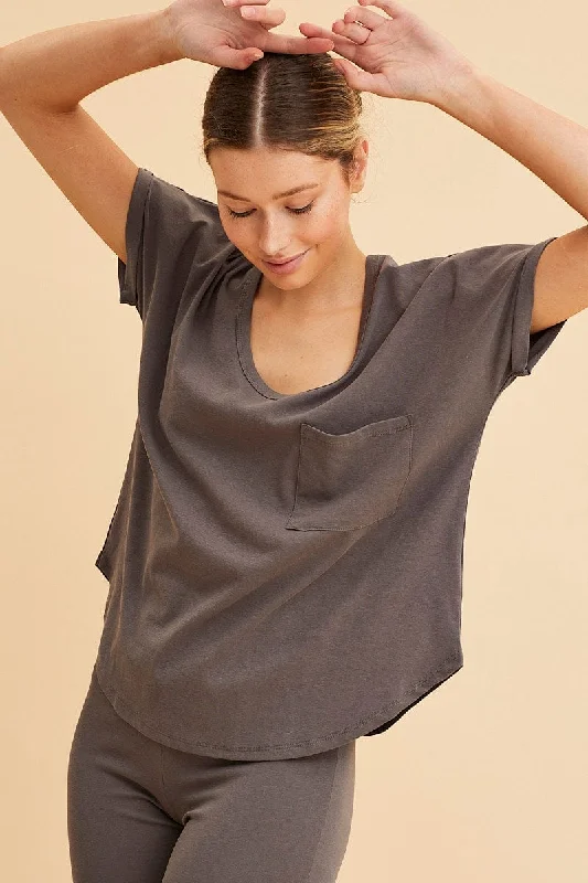 Grey Pocket Tee Scoop Neck Cotton Stretch Short Sleeve