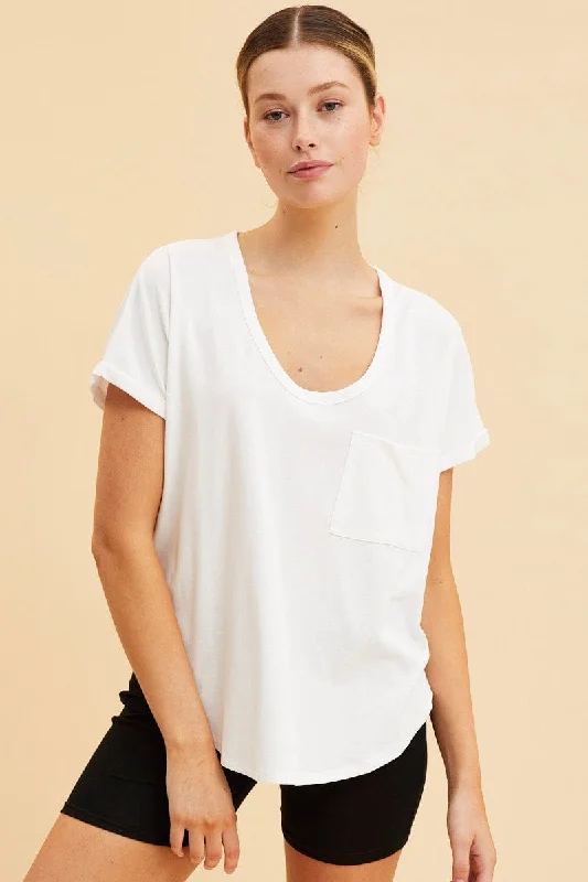 White Pocket Tee Scoop Neck Cotton Stretch Short Sleeve